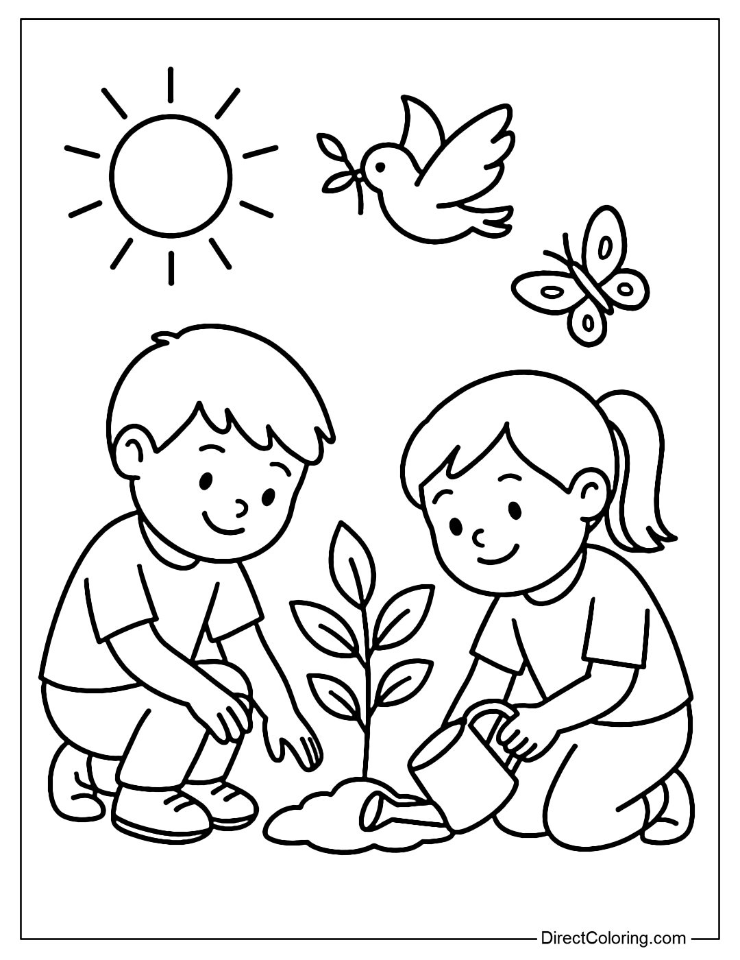 Coloring Page of Two Children Planting a Small Tree, Surrounded by Sunlight, Birds and Butterflies